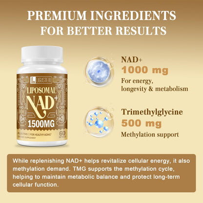 LIGUSTERI Liposomal NAD+ 1500 mg | NAD+ Supplement with TMG for Energy, Longevity & Brain Health | 180 Softgels