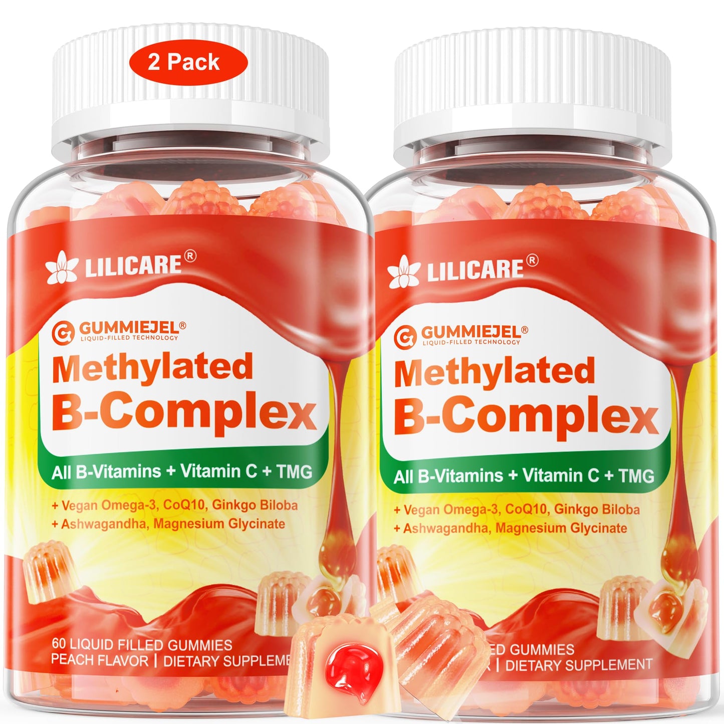 LILICARE B Complex Gummies — Methylated B Vitamins + CoQ10, Magnesium, Ashwagandha, Omega-3 | Sugar Free, 60 Count (Pack of 2)