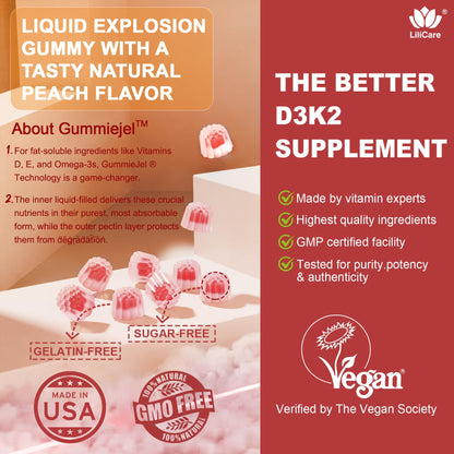 LILICARE Vitamin D3 K2 Filled Gummies – Vegan, Ultra-Strength D3/K2 with Calcium & Magnesium, Pack of 2