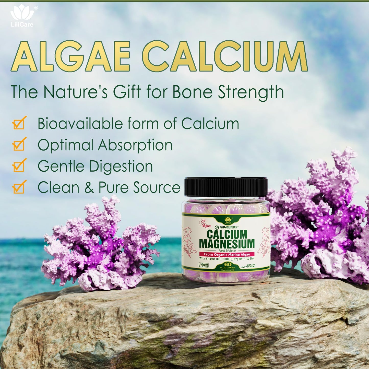 2 Pack Plant-Based Calcium Gummies 600mg + D3 K2 Mg Zn – Vegan, Sugar-Free | LILICARE