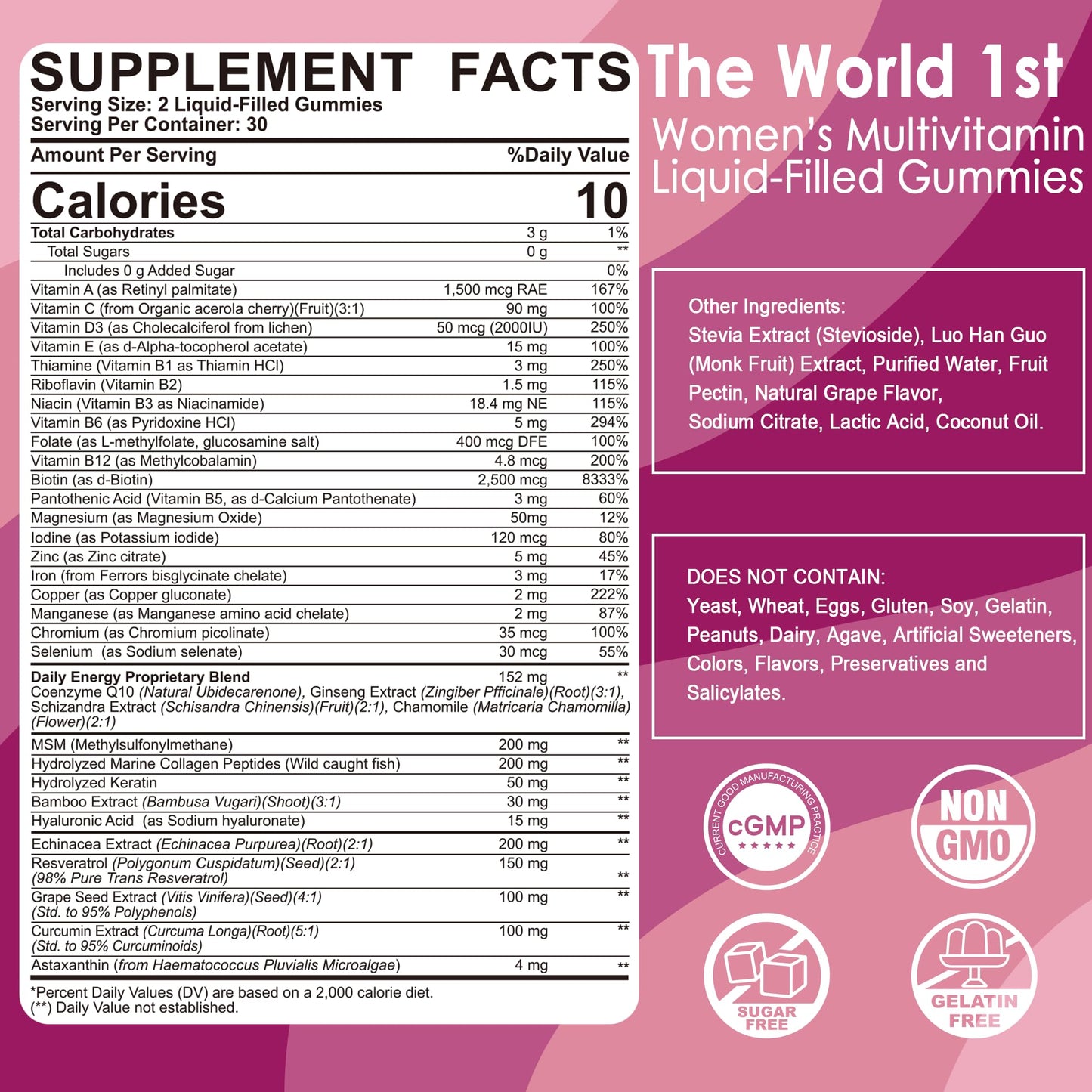 LILICARE 2 Pack Women’s Multivitamin Gummies – Methylated Formula, Biotin, Collagen, Iron, No Sugar