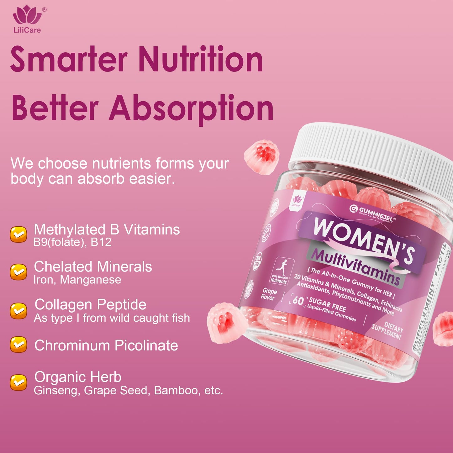 LILICARE 2 Pack Women’s Multivitamin Gummies – Methylated Formula, Biotin, Collagen, Iron, No Sugar