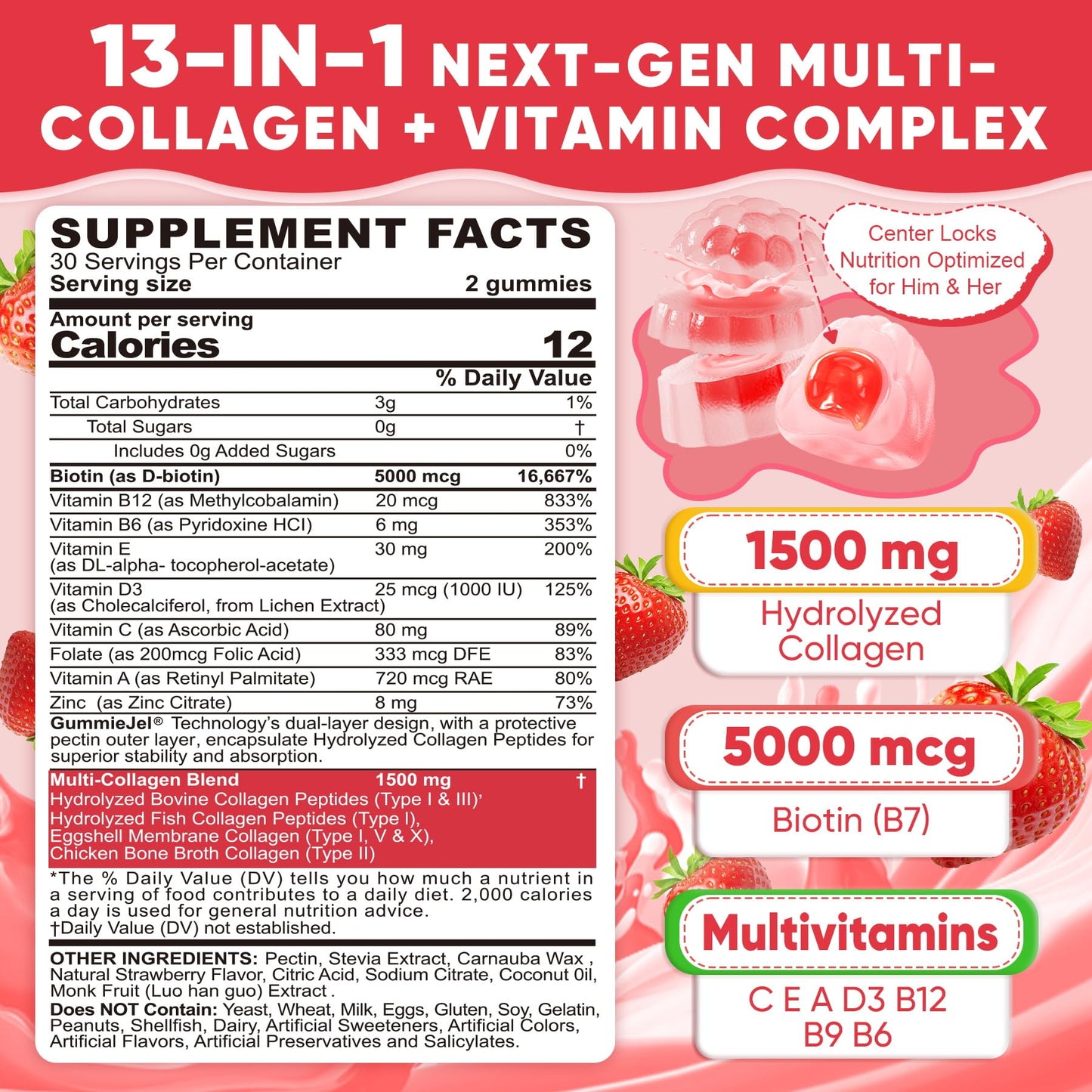 LILICARE 2Pack Sugar-Free Hydrolyzed Collagen Gummies – 1500mg Multi-Collagen, 5000mcg Biotin, Immune & Skin Support