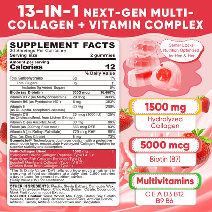 LILICARE 2Pack Sugar-Free Hydrolyzed Collagen Gummies – 1500mg Multi-Collagen, 5000mcg Biotin, Immune & Skin Support