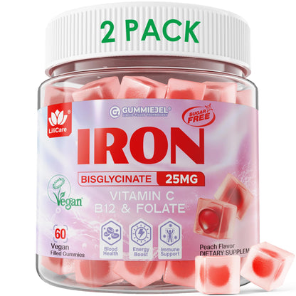 LILICARE Vegan Iron Gummies 25mg for Women – Sugar Free Peach Flavor, Vitamin C, Methyl B12, Folate | 60 Count (Pack of 2)