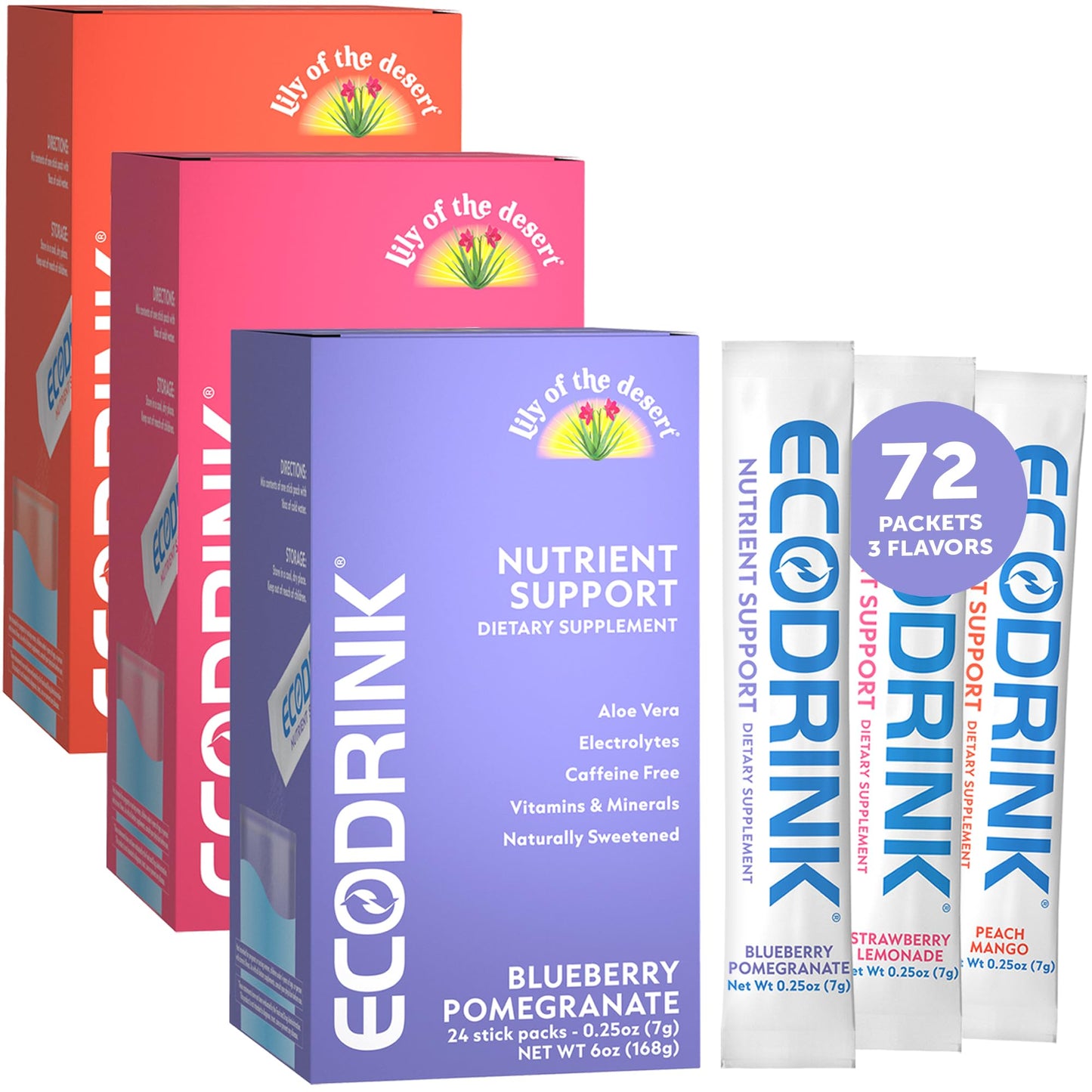Lily of the Desert EcoDrink Nutrient Support Hydration Packets (3 Flavors) – 24 Stick Packs/Box, 0.25 oz Each