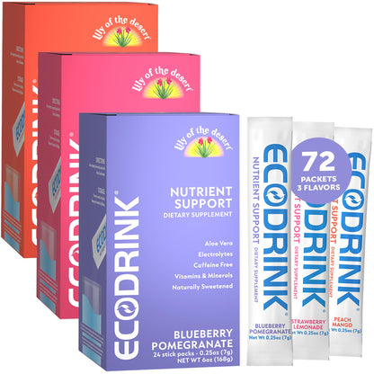 Lily of the Desert EcoDrink Nutrient Support Hydration Packets (3 Flavors) – 24 Stick Packs/Box, 0.25 oz Each