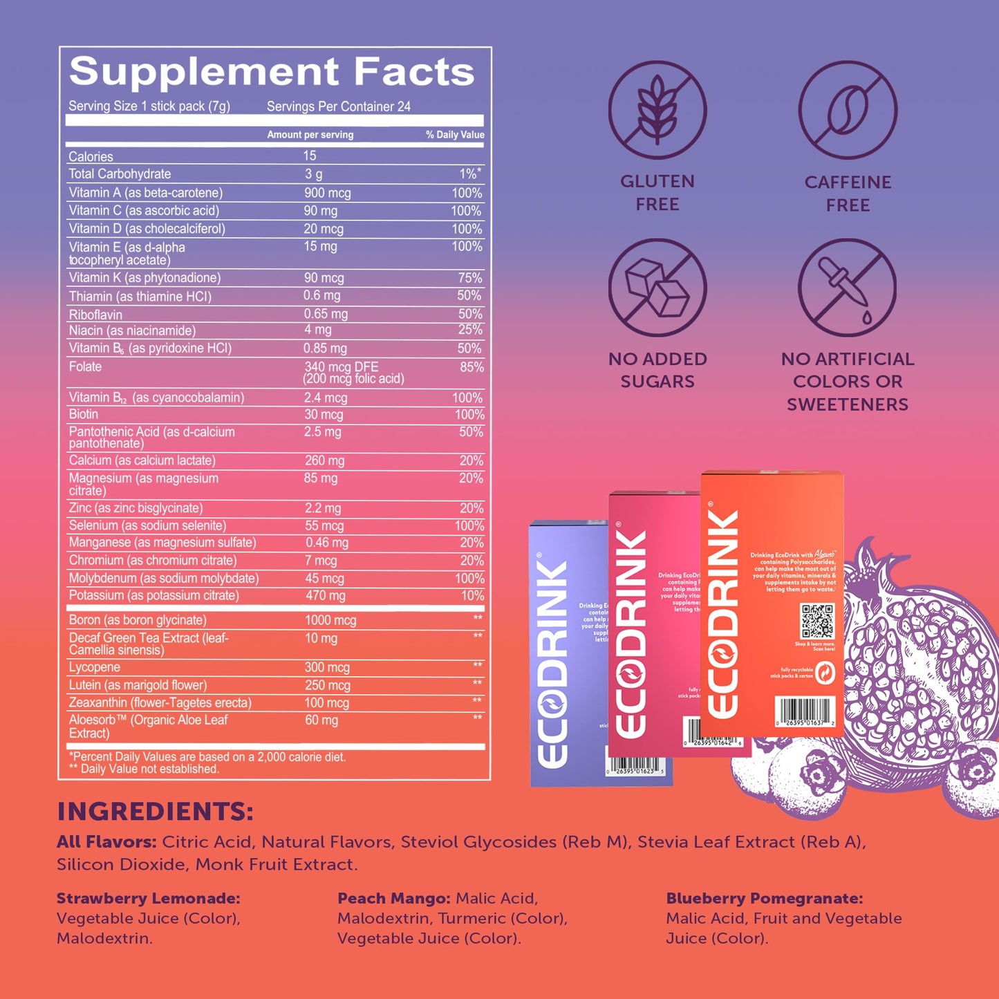 Lily of the Desert EcoDrink Nutrient Support Hydration Packets (3 Flavors) – 24 Stick Packs/Box, 0.25 oz Each