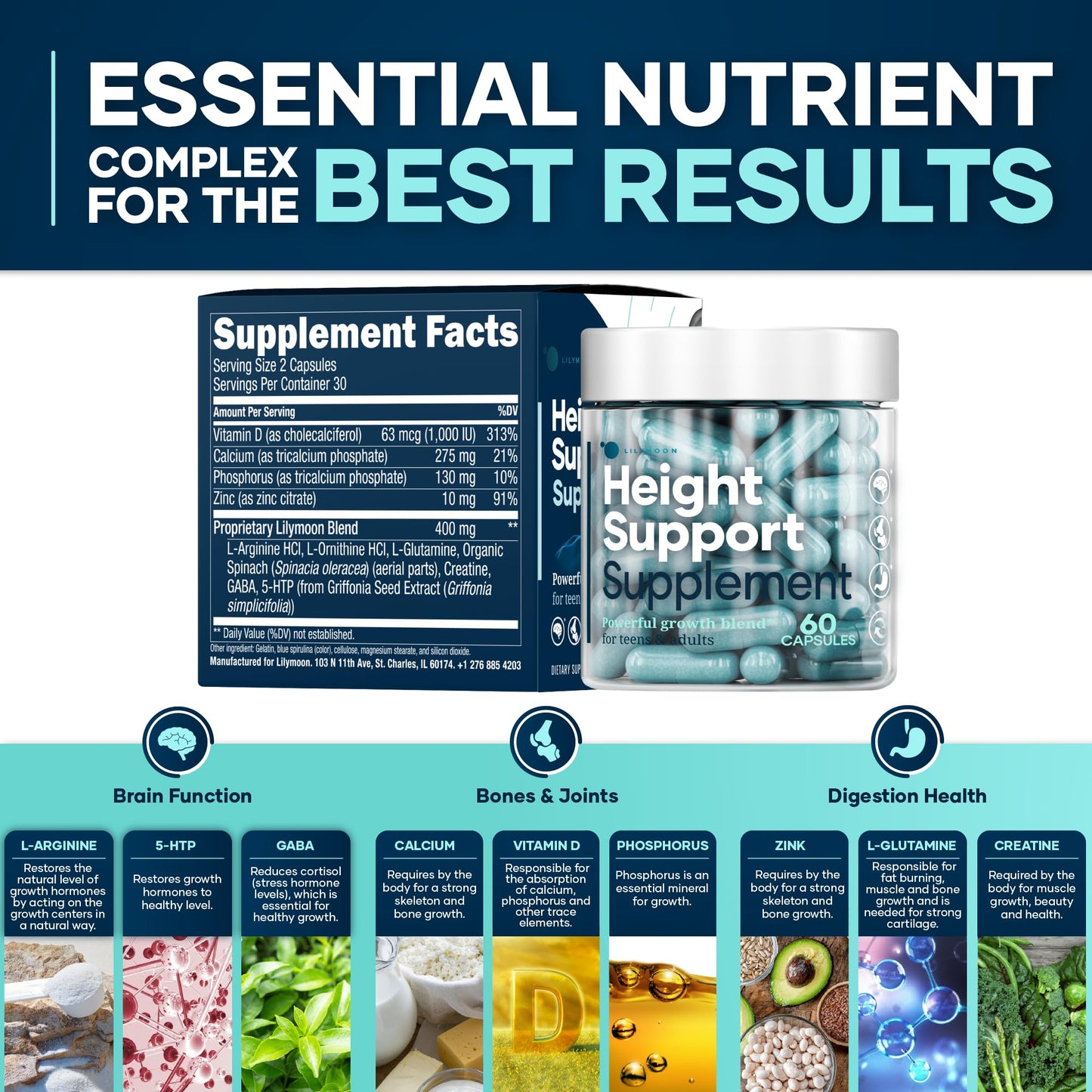 LilyMoon Height and Bone Support for Kids and Teens | Calcium Vitamin D Zinc 60 Caps