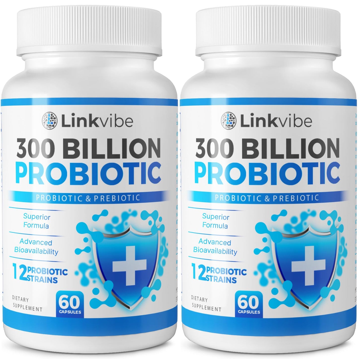 Linkvibe Probiotic 300 Billion CFU - 12 Strains with Organic Prebiotics for Digestive Health