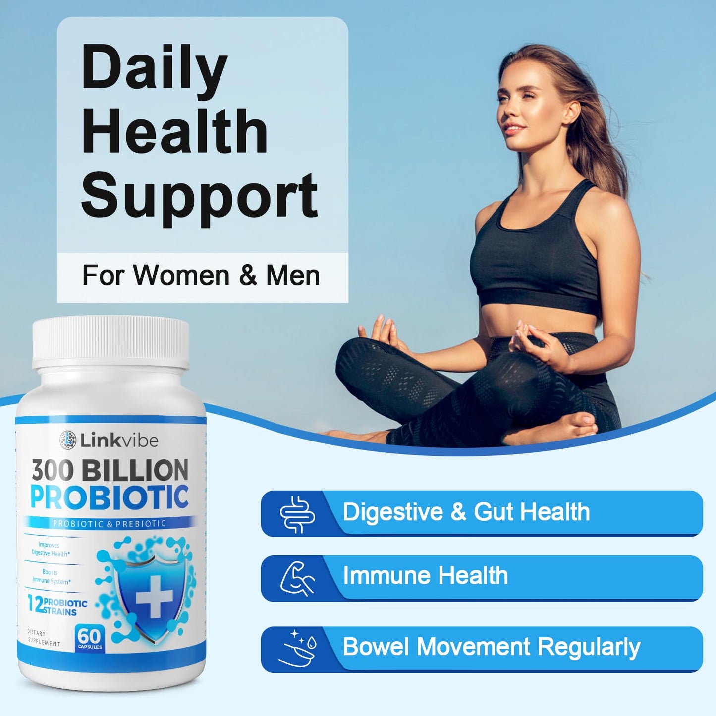 Linkvibe Probiotic 300 Billion CFU - 12 Strains with Organic Prebiotics for Digestive Health