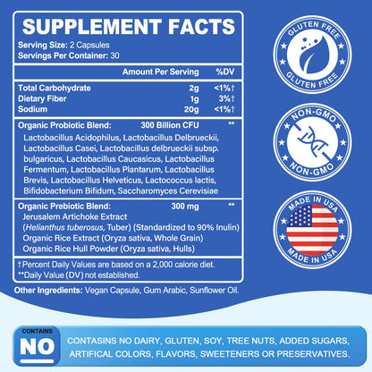 Linkvibe Probiotic 300 Billion CFU - 12 Strains with Organic Prebiotics for Digestive Health