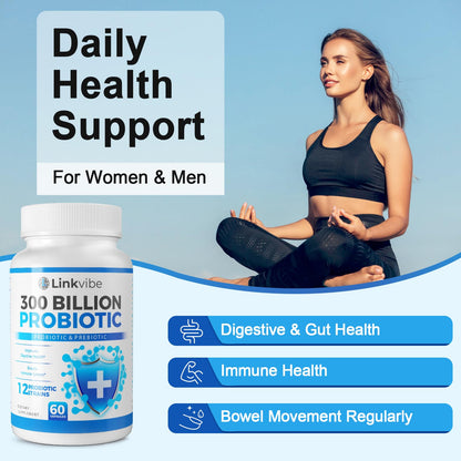 Linkvibe Probiotic 300 Billion CFU - 12 Strains with Organic Prebiotics for Digestive Health