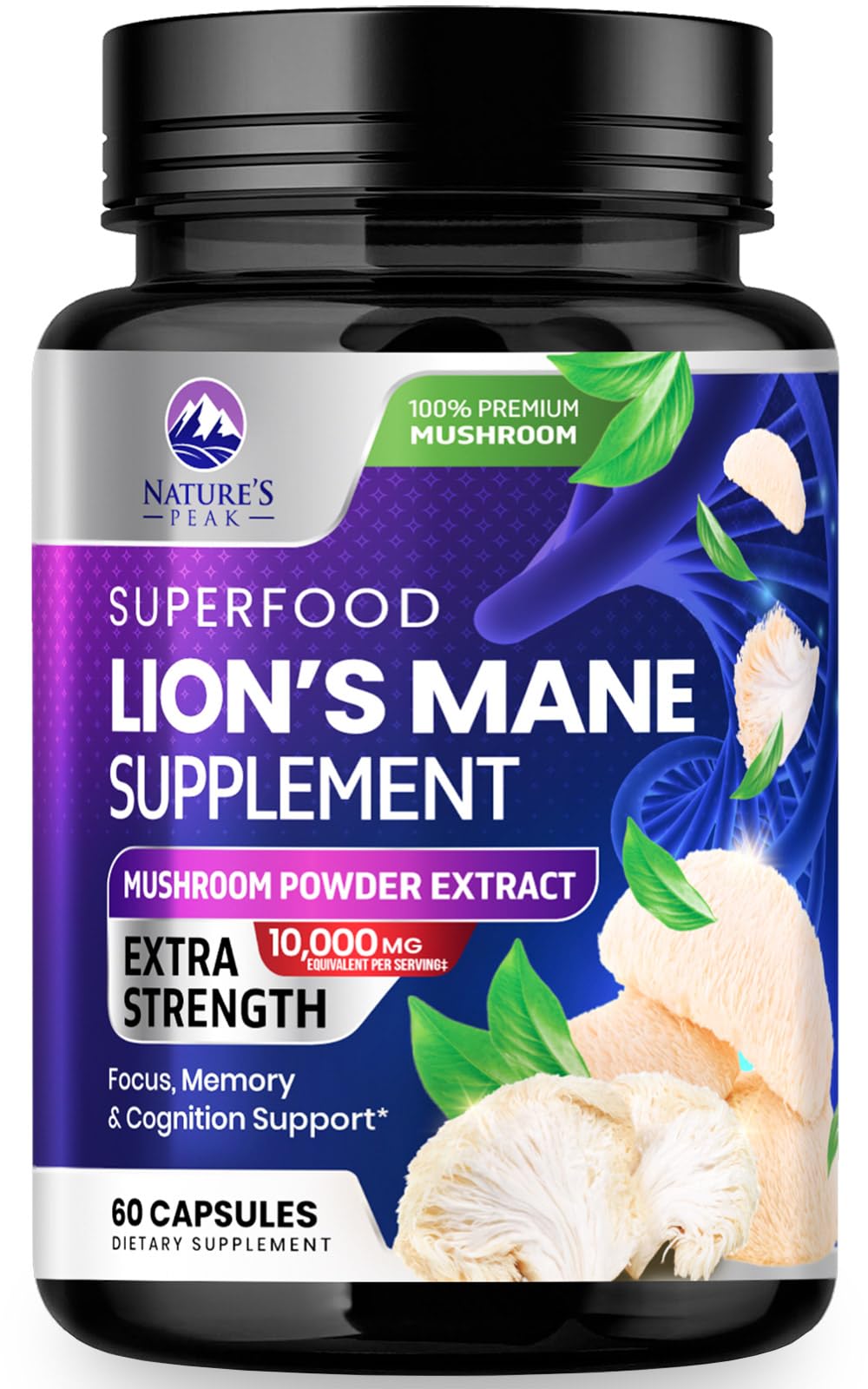 Lions Mane Mushroom Capsules 10,000mg – Memory & Focus Support | Vegan | USA Bottled | 60 Count
