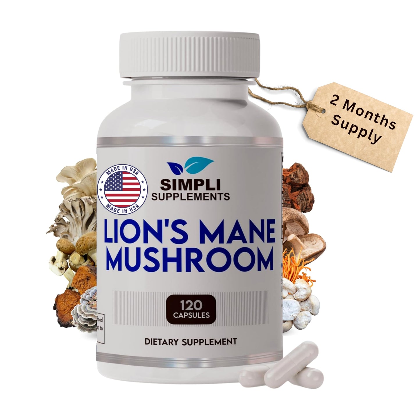 Lion's Mane Mushroom Capsules | Organic Lions Mane for Cognitive Function & Immune Support | 120 Capsules (2-Month Supply) | Vegan