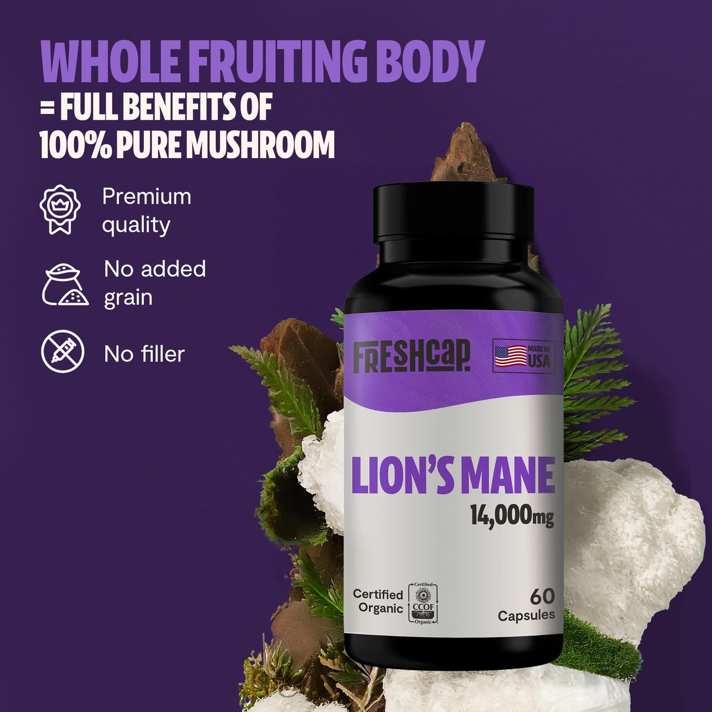 FreshCap Lions Mane Supplement Capsules 14,000mg — Brain Support, Memory & Focus (180 Capsules)