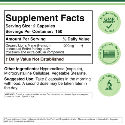 Double Wood Organic Lions Mane Capsules (300 ct) – Focus & Immune Support, USA-Grown