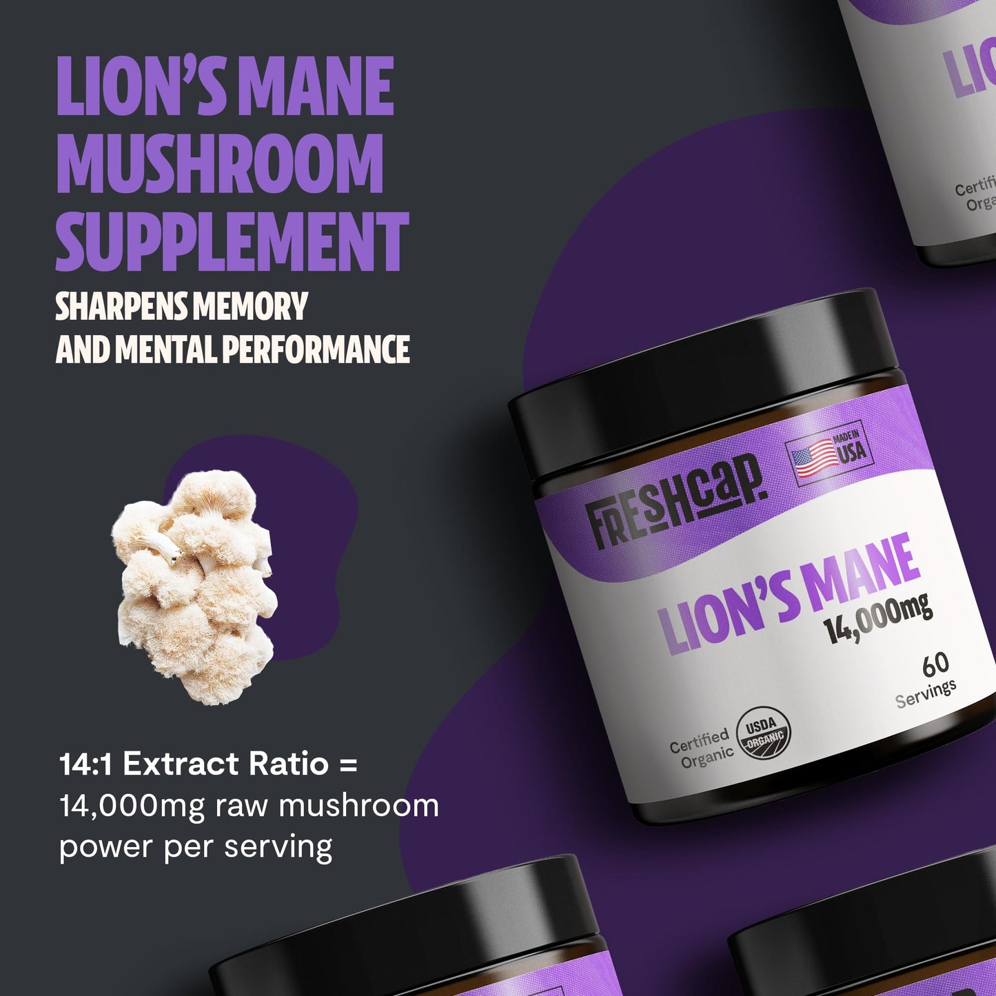 FreshCap Mushrooms Lions Mane Supplement Powder – 14,000mg per Serving, Organic Lions Mane Extract for Focus & Memory (60 Servings)