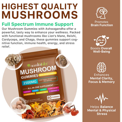 Lions Mane Mushroom Gummies Supplement Blend Organic Reishi, Cordyceps & More, Boosts Energy, Memory, Immunity - 80 Gummies (2)