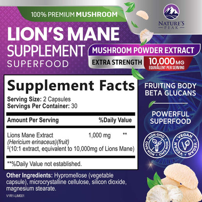 Lions Mane Mushroom Capsules 10,000mg – Memory & Focus Support | Vegan | USA Bottled | 60 Count