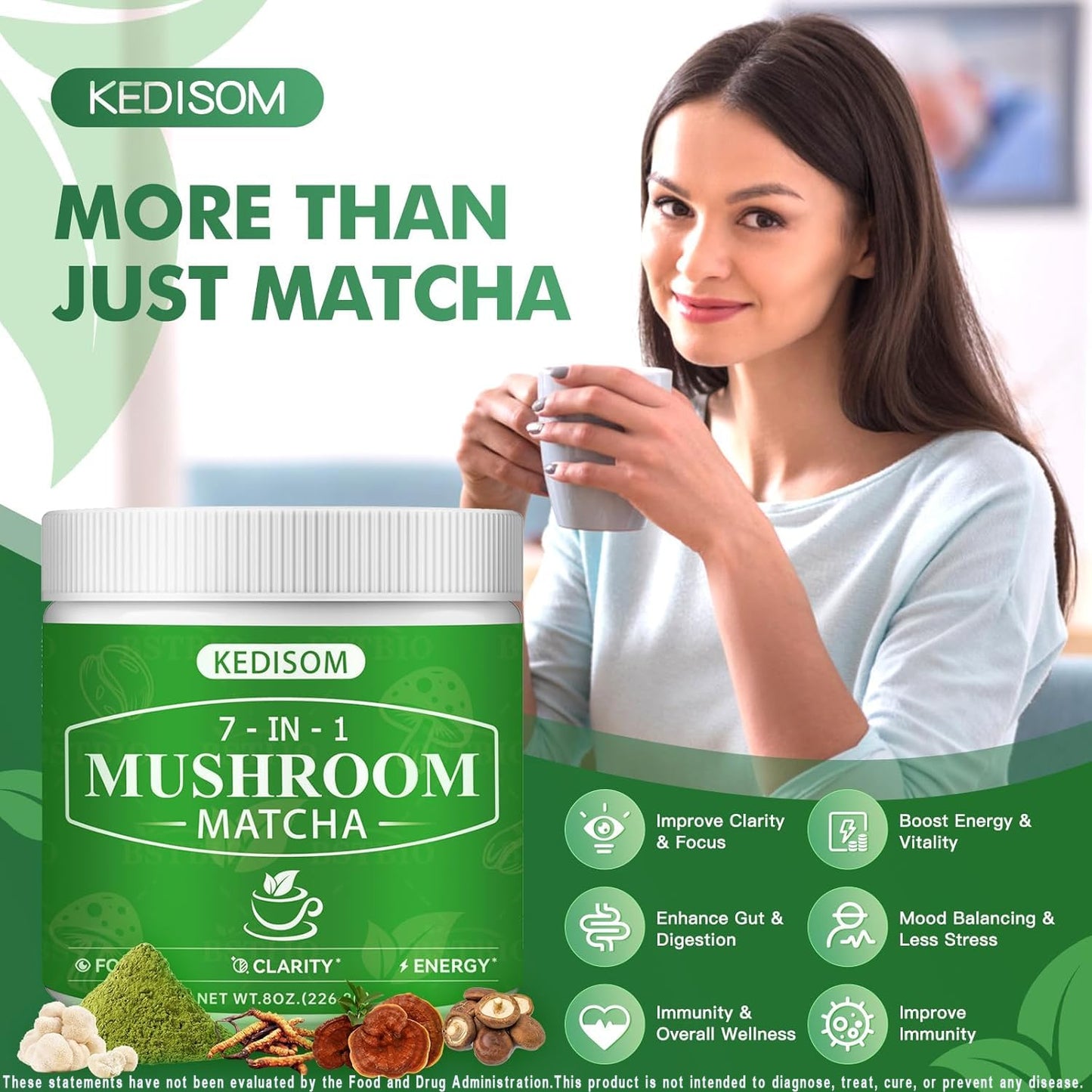 Mushroom Matcha Adaptogenic Blend – 7 Mushrooms + Ceremonial Grade Matcha, 45 Servings