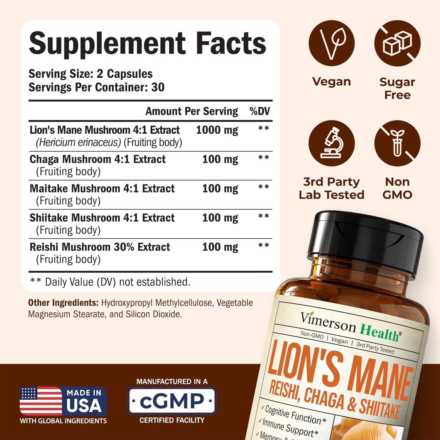 Lions Mane Capsule Supplement - Focus, Mood & Immune Support (60 Vegan Capsules) - Non-GMO
