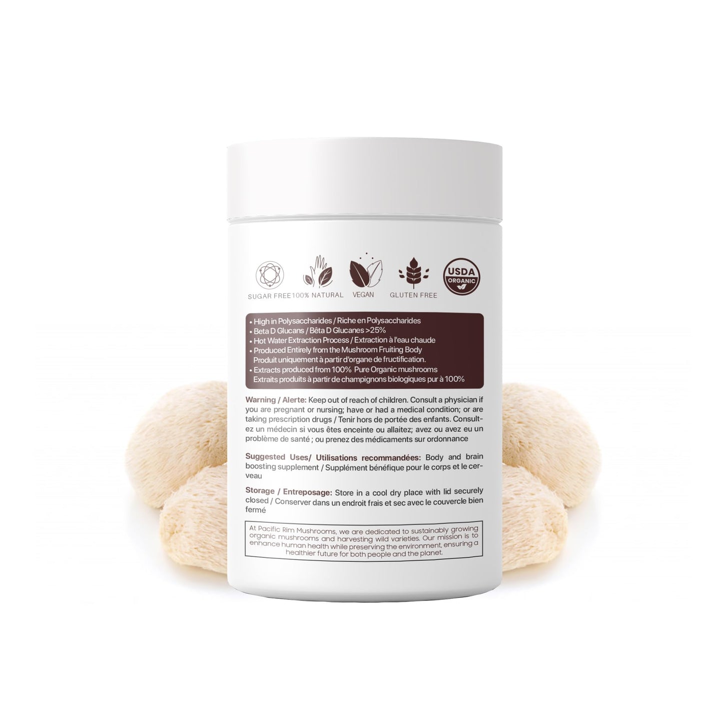 Pacific Rim Mushrooms Lions Mane Supplement Powder Ultra Strength 10:1 Organic Lions Mane Mushroom Supporting Memory, Cognition, Brain Health, 8 Ounces / 226 Servings