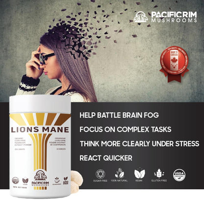 Pacific Rim Mushrooms Lions Mane Supplement Powder Ultra Strength 10:1 Organic Lions Mane Mushroom Supporting Memory, Cognition, Brain Health, 8 Ounces / 226 Servings