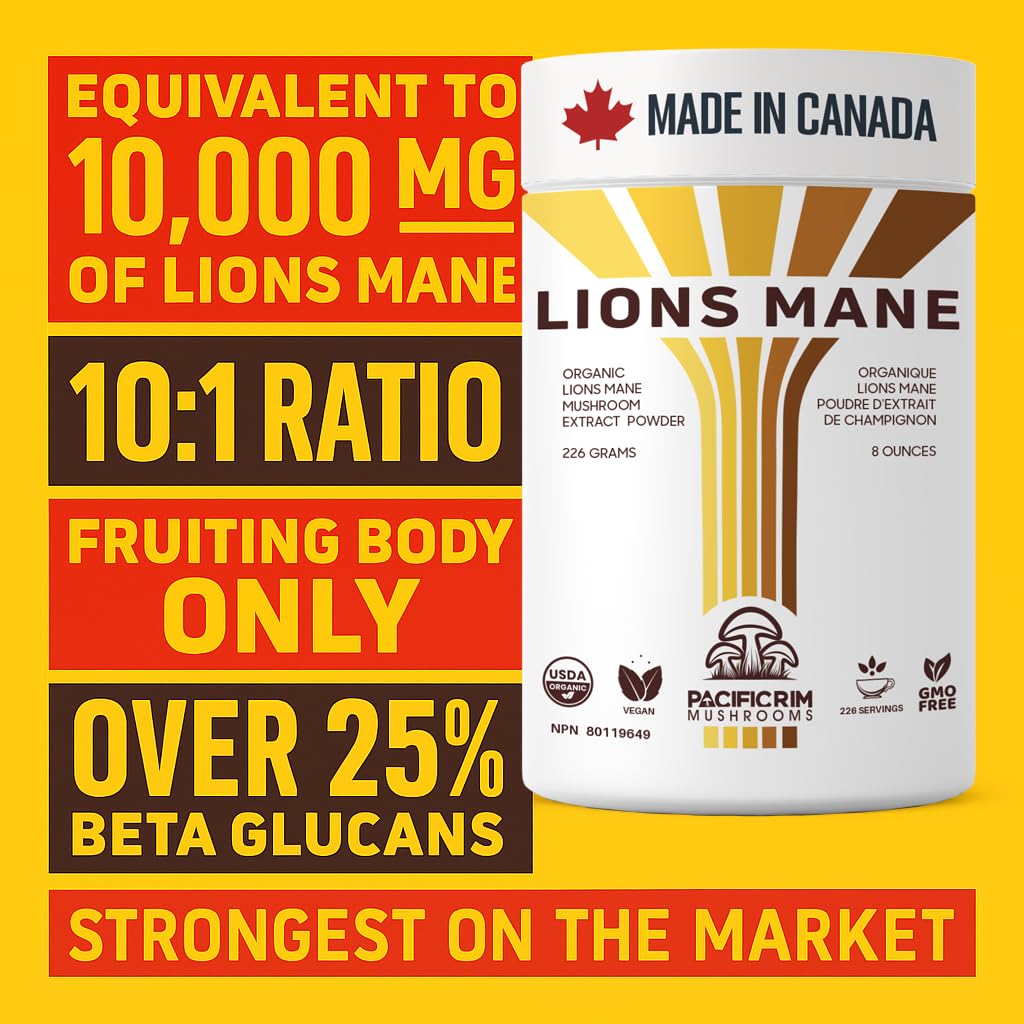 Pacific Rim Mushrooms Lions Mane Supplement Powder Ultra Strength 10:1 Organic Lions Mane Mushroom Supporting Memory, Cognition, Brain Health, 8 Ounces / 226 Servings
