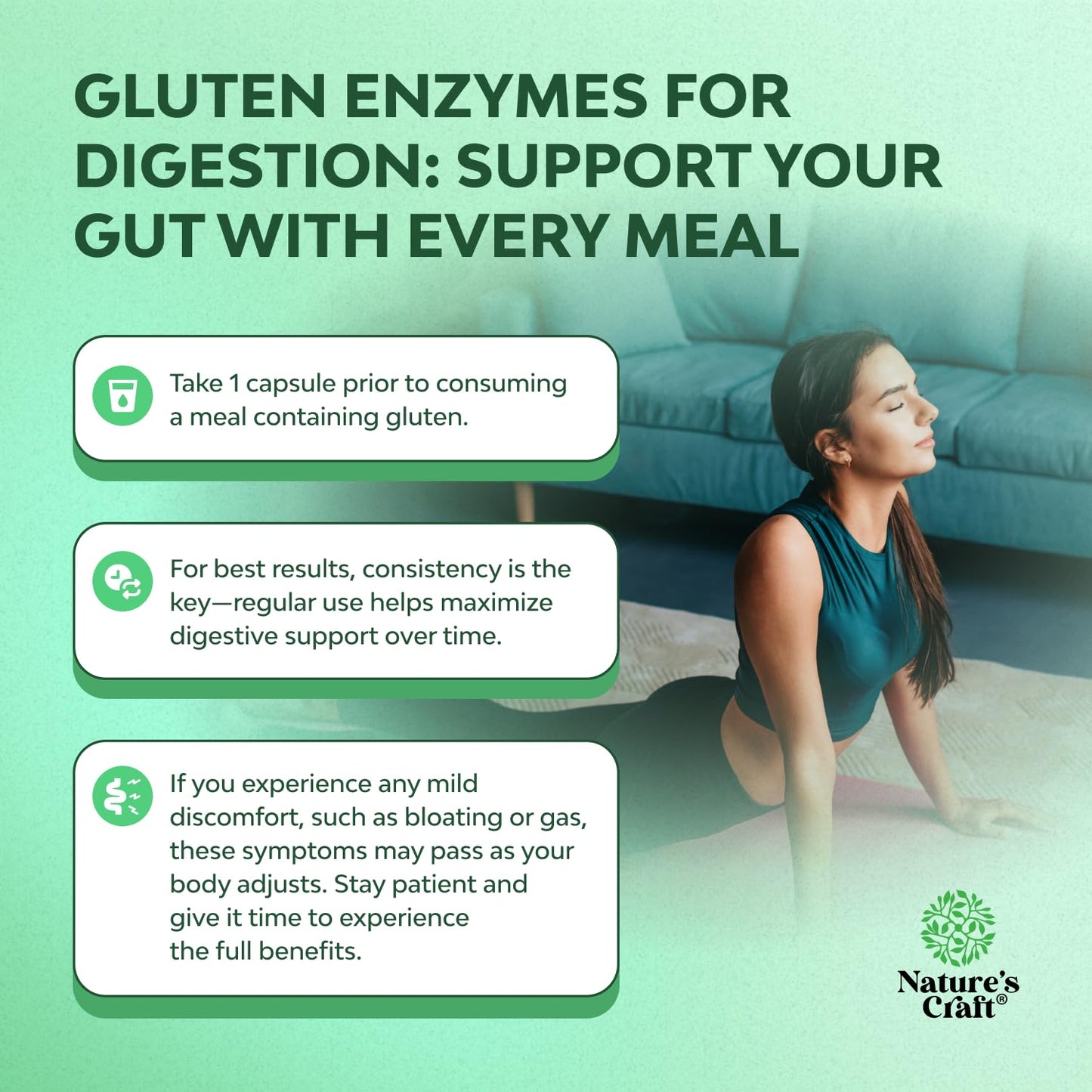 Natures Craft Gluten Digestive Enzymes – Fast Acting Debloat Support, 120 Count