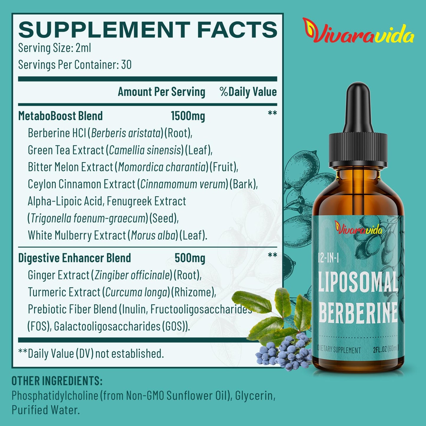 Vivaravida Berberine HCl Drops 3000 mg | Liposomal Berberine HCl Liquid