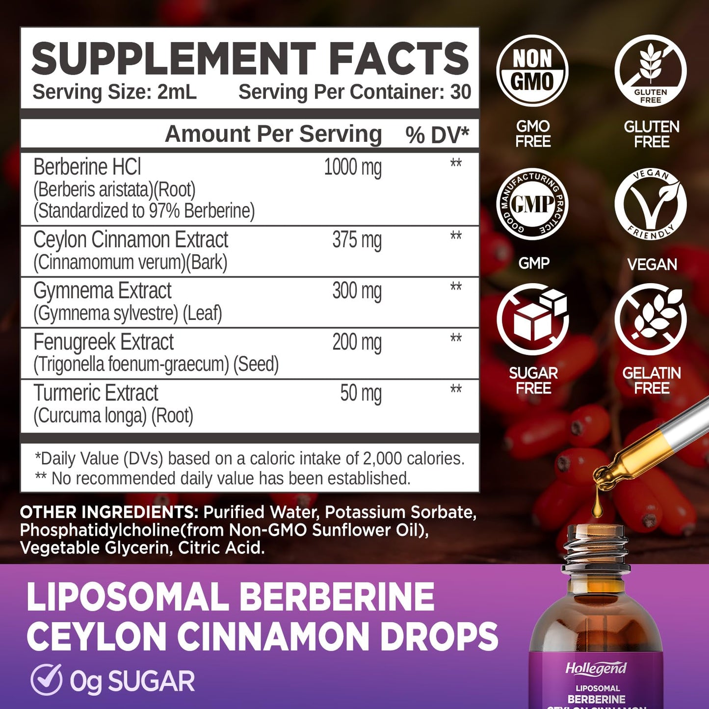 Liposomal Liquid Berberine Drops Sugar Free – Immune & Digestive Support (Lemon, 2 fl oz)