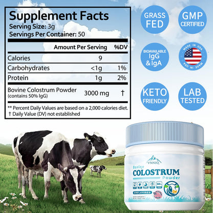 VNNIQ Bovine Colostrum Powder – 3X Absorption, 3,000 mg IgG, Organic Grass-Fed, Ultra-Low Temp Freeze-Dried, 50 Servings