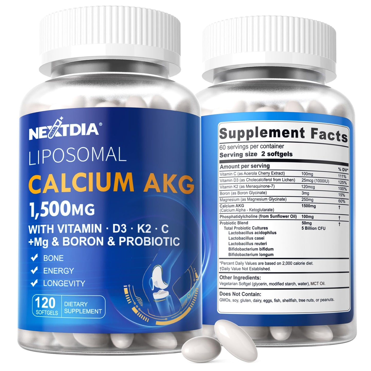 Nextdia Liposomal Calcium AKG 1500mg with D3 & K2 – 2 Pack, 240 Softgels