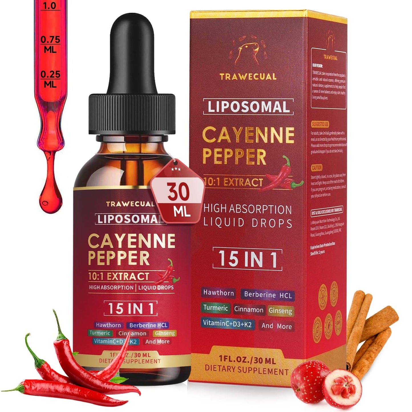 Liposomal Cayenne Pepper Liquid Drops – 15-in-1 Formula with D3, K2, Berberine for Circulation, Metabolism & Digestion | 1 fl oz