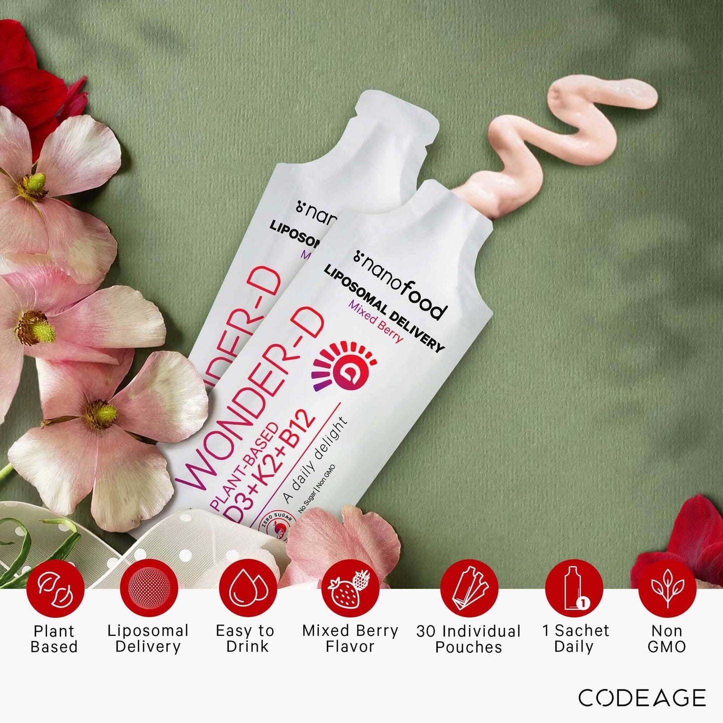 Codeage Liposomal Vitamin D3 Wonder-D – Vegan D3, K2 (MK-7) & B12 in Berry Flavor | 30 Pouches