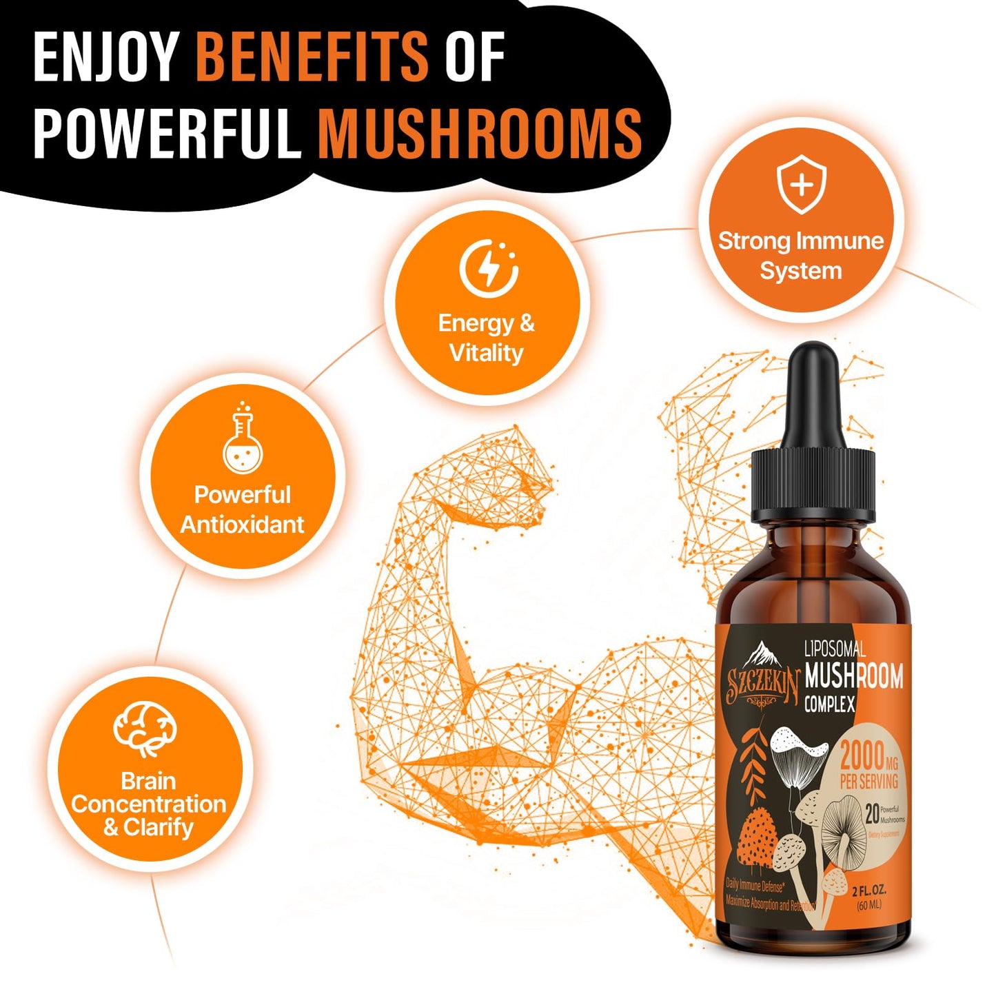 SZCZEKIN Liposomal Mushroom Drops 2000 MG – 20 Organic Extracts for Immunity, Cognition & Memory | 90 Servings