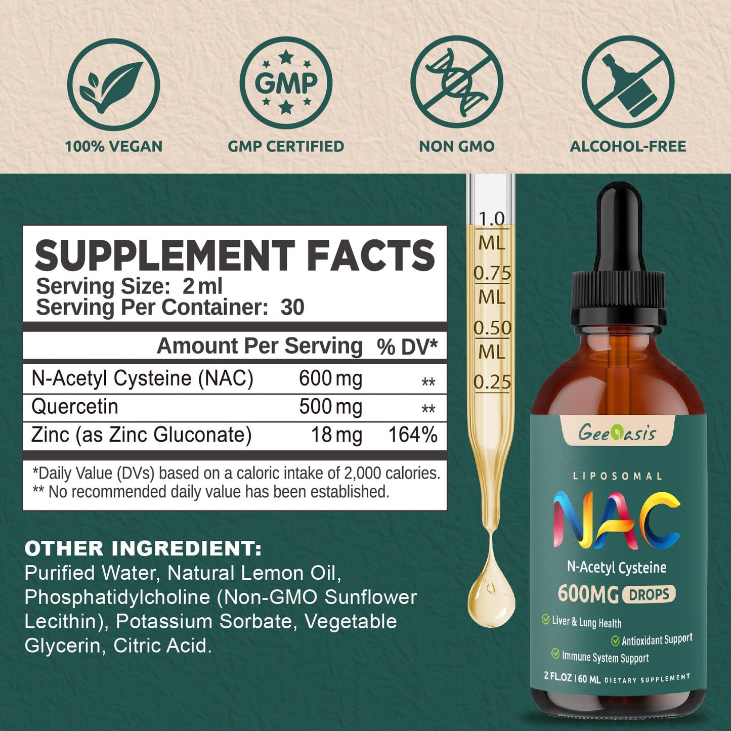 Liposomal NAC Liquid Drops 600 mg with Quercetin & Zinc – Immune, Lung & Liver Support (2x2 oz)