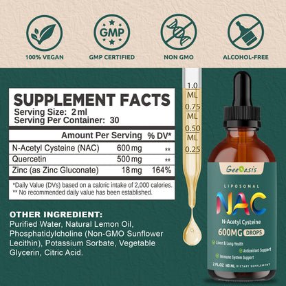 Liposomal NAC Liquid Drops 600 mg with Quercetin & Zinc – Immune, Lung & Liver Support (2x2 oz)