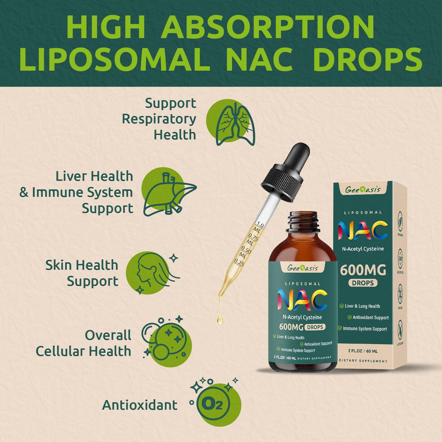 Liposomal NAC Liquid Drops 600 mg with Quercetin & Zinc – Immune, Lung & Liver Support (2x2 oz)