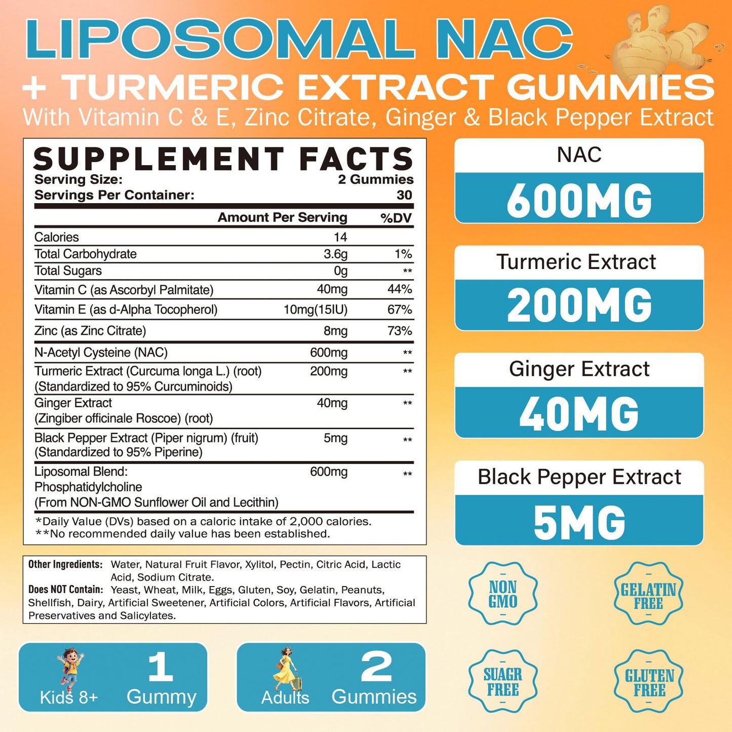 Liposomal NAC Gummies 600mg | NAC Supplement for Immunity, Liver & Lung Health | Sugar-Free Pineapple, 60 Count