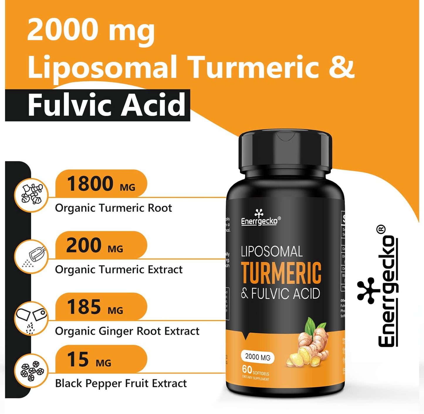 Enerrgecko 2000 mg Liposomal Turmeric Curcumin Softgels - Black Pepper & Ginger, Fulvic & Humic Acids, 3-Month Supply