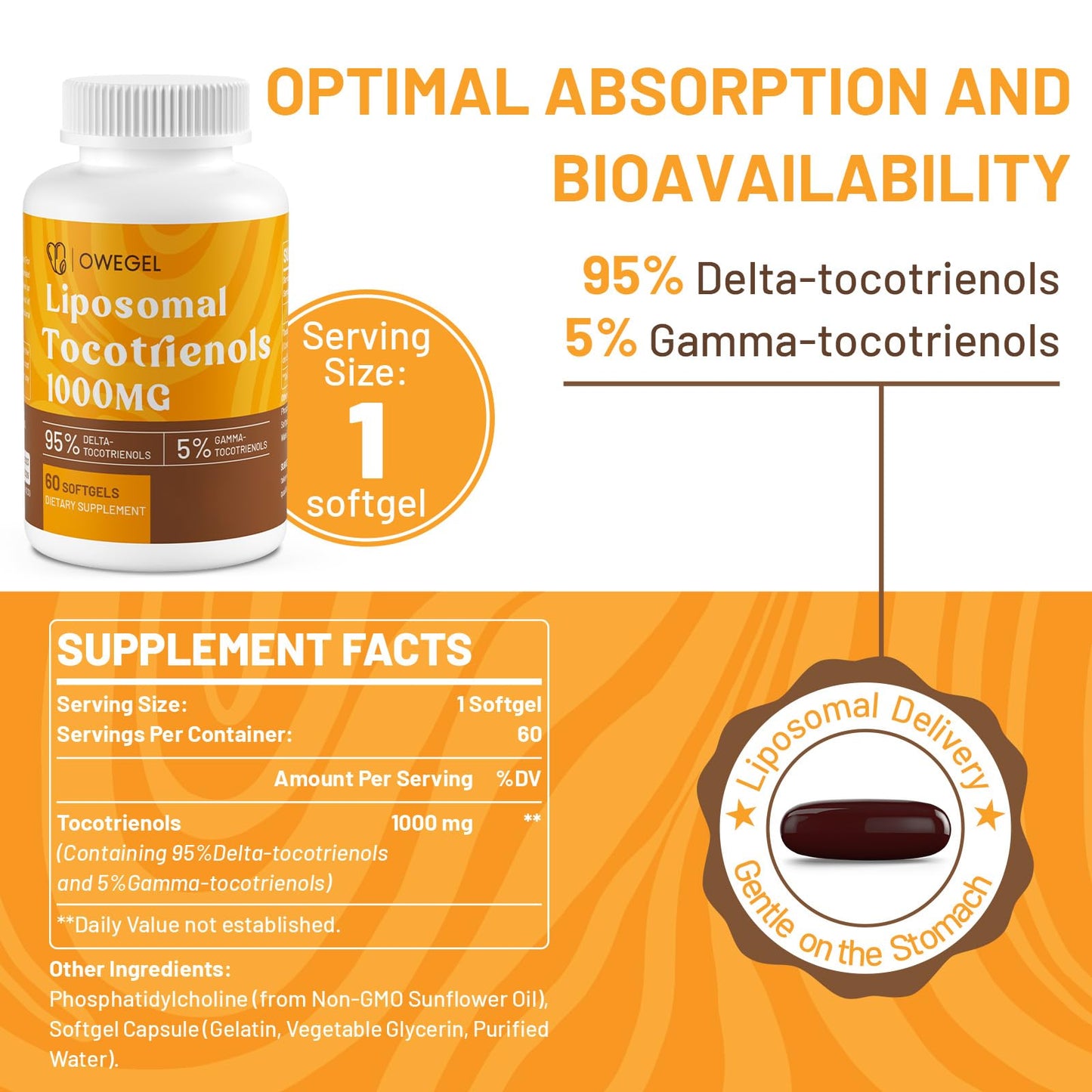owegel Vitamin E Tocotrienols 1000mg – Liposomal Tocotrienol Capsules (95% Delta, 5% Gamma) – 120 Softgels