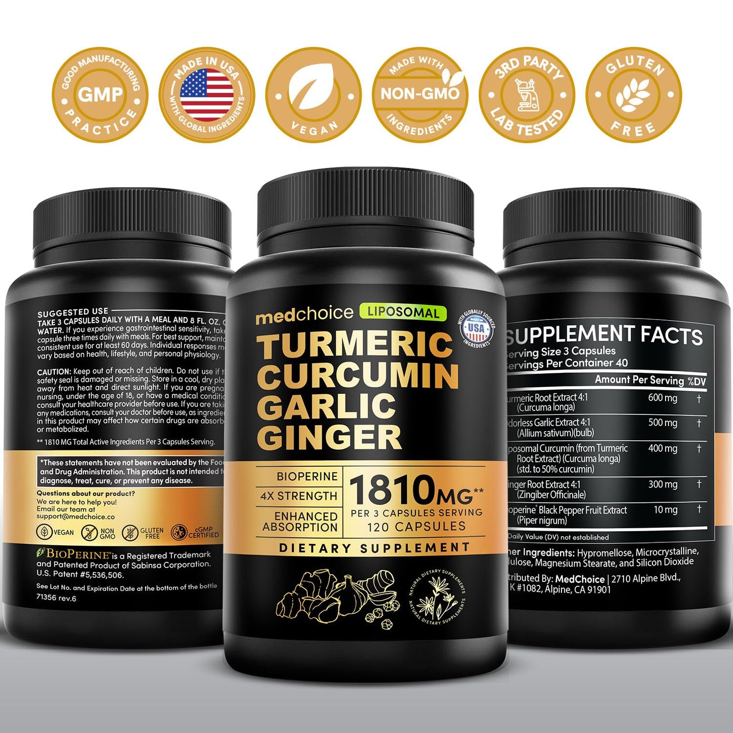 Liposomal Turmeric - High-Absorption Curcumin with Black Pepper | Non-GMO (120ct, Pack of 3)
