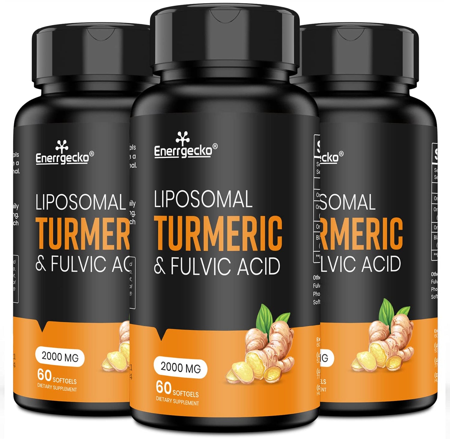Enerrgecko 2000 mg Liposomal Turmeric Curcumin Softgels - Black Pepper & Ginger, Fulvic & Humic Acids, 3-Month Supply