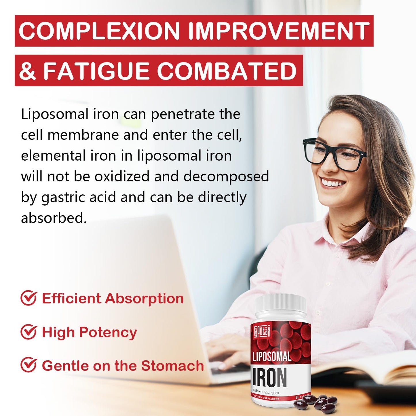 Sapotax Liposomal Fe Iron Supplement for Women & Men – 65 mg Iron, Folic Acid & B12 (60 Softgels, 2 Bottles)