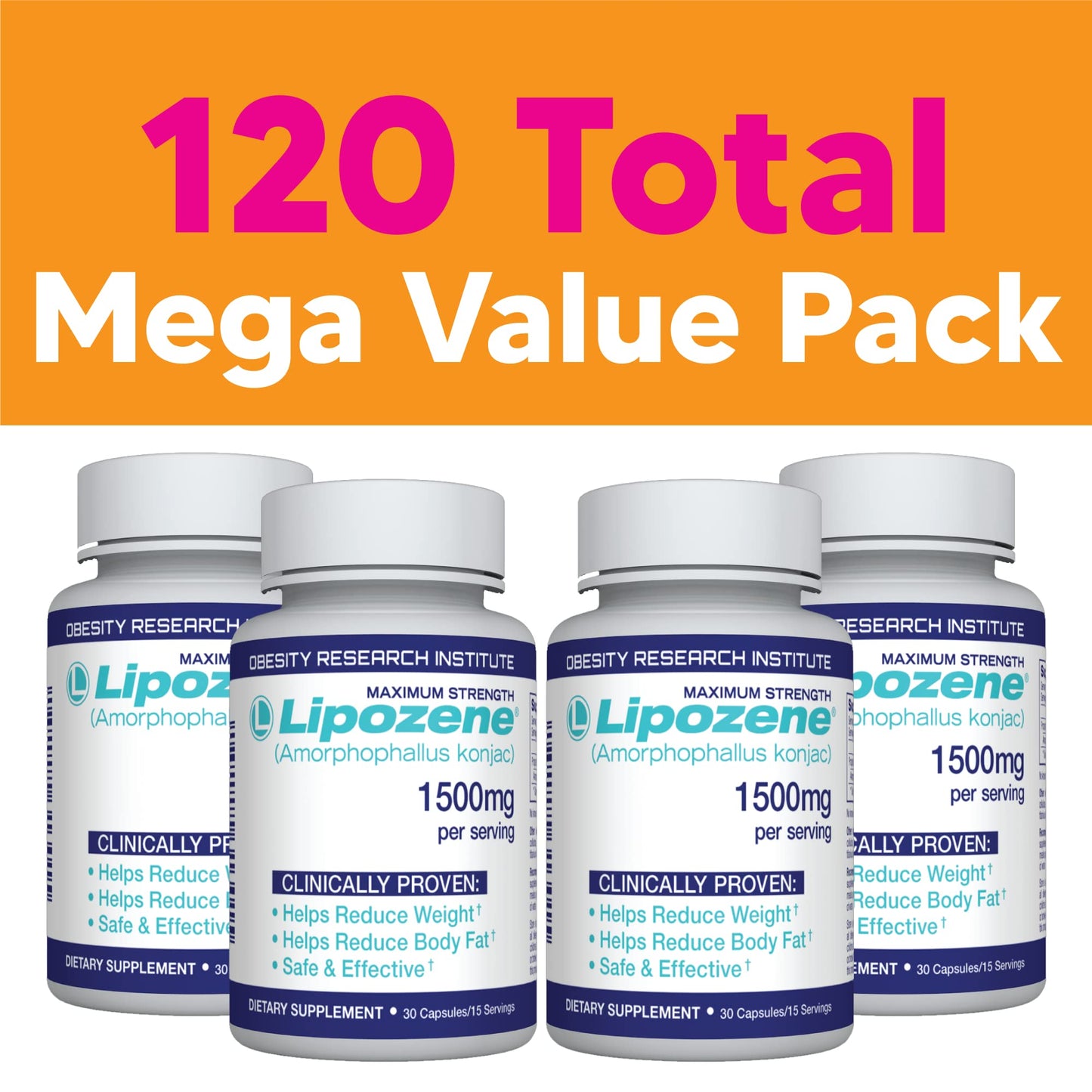 Lipozene Diet Pills – 4 Bottles (120 Capsules) Fiber-Based Appetite Control