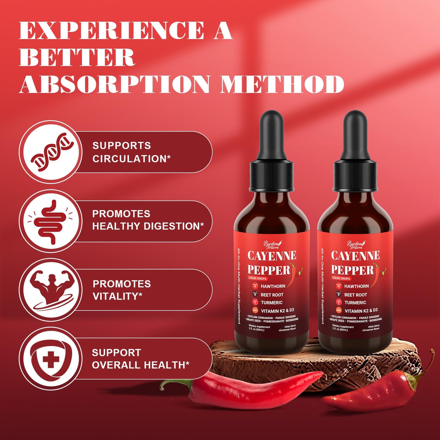 Premium Cayenne Pepper Drops Supplement with Hawthorn, Beet Root, Turmeric, Vitamin K2 & D3, Ginseng, Ceylon Cinnamon – Capsaicin Supplements for Wellness Support - 4 OZ