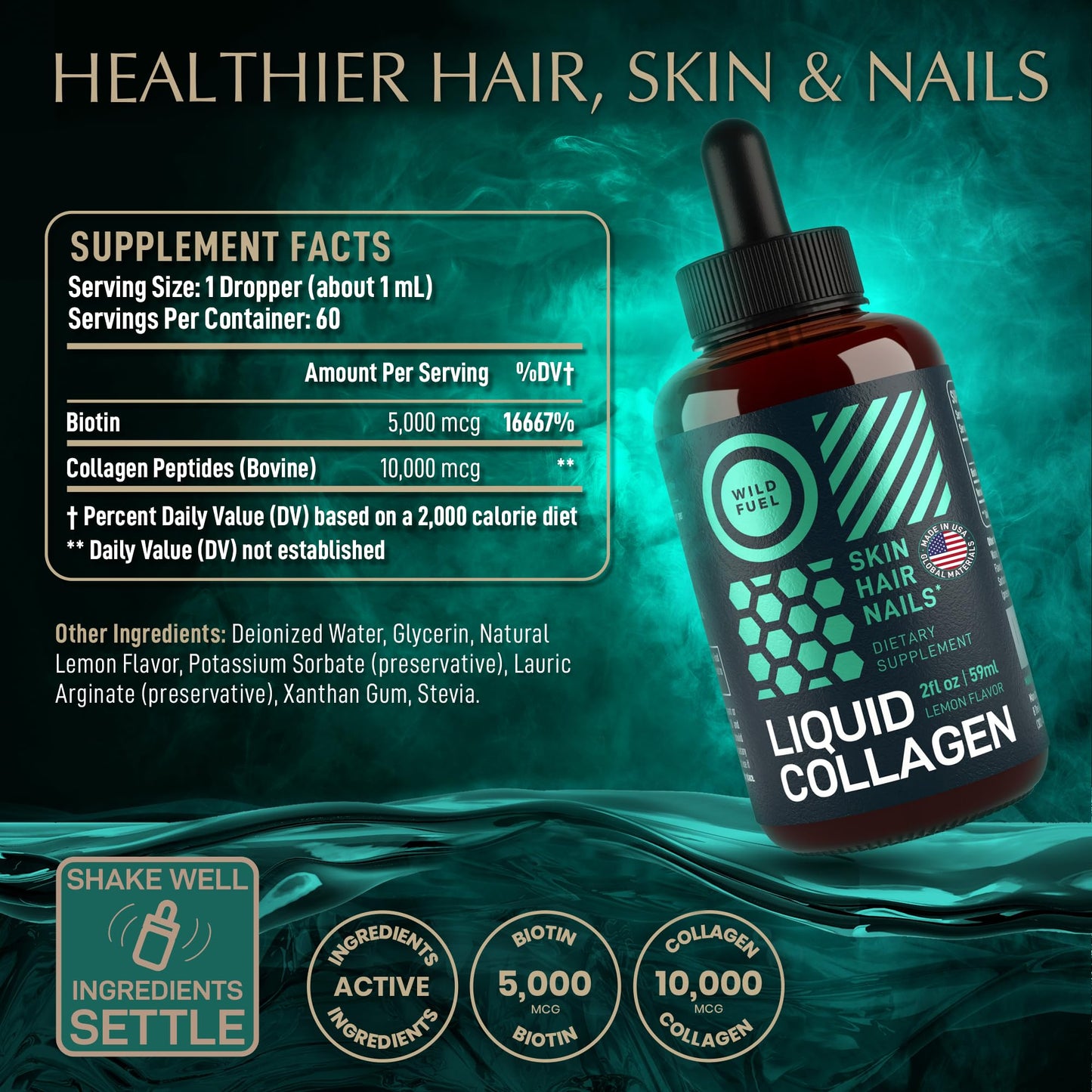 Wild Fuel Liquid Collagen Drops with Biotin – 30,000mcg Collagen, Lemon Flavor, 2x2oz