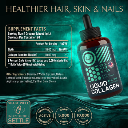 Wild Fuel Liquid Collagen Drops with Biotin – 30,000mcg Collagen, Lemon Flavor, 2x2oz